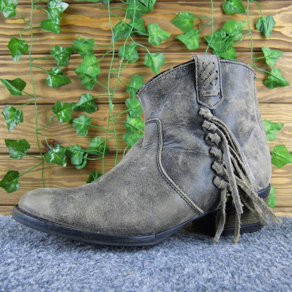 Very Volatile Distressed Gray Leather Fringe Western Ankle Boots - Women's 7.5